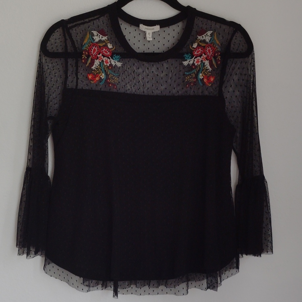 Maurices Womens Top Sz S Black Swiss Dot Sheer Mesh Embroidery Dark Floral Fairy